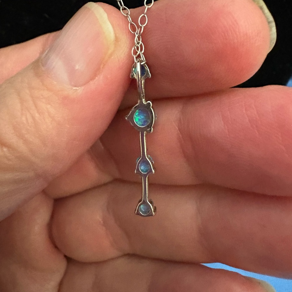 Blue Opal 4 Stone 1.2” Pendant And 18” Chain 925 Sterling Very Dainty SU CH - Picture 3 of 8